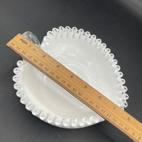 Fenton Milk Glass Heart Shape Nappy Candy Dish w/ Silver Crest Ruffled Edge - Picture 11 of 12